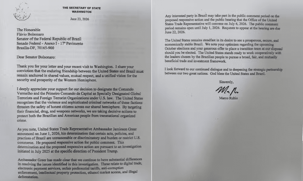 Rubio responde carta de Flávio Bolsonaro e reafirma posição dos EUA sobre tarifaço