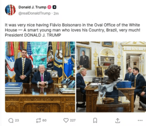Horas após nova proposta de tarifaço, Trump posta foto com Flávio Bolsonaro