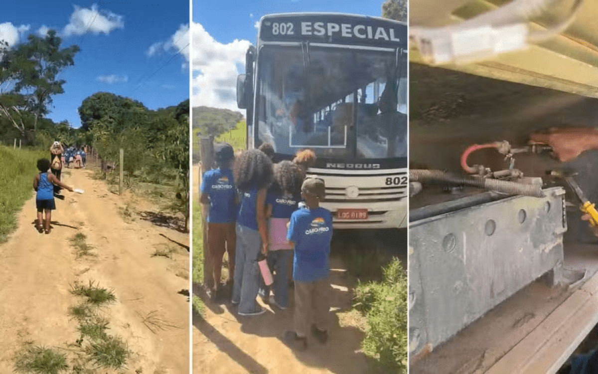 Crianças andam a pé em estrada de terra após ônibus escolar quebrar em zona rural de Cabo Frio